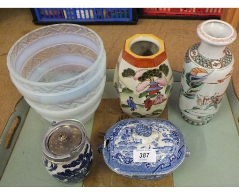 A French opal glass bowl, Chinese and Japanese vases, a Willow pattern tureen and a jam pot