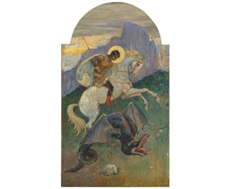 NESTEROV, MIKHAIL (1862–1942) St George the Dragon Slayer, signed on the label on the reverse.Oil on canvas, laid on panel, 6