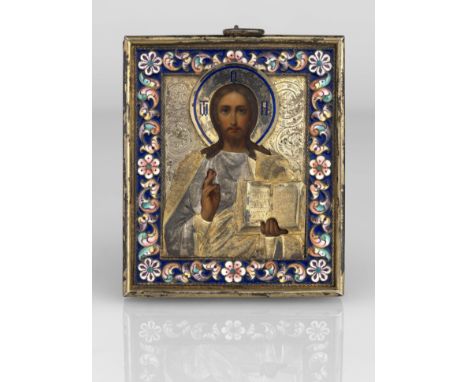 Christ Pantocrator in a Silver-Gilt and Cloisonne Enamel Oklad  MAKER'S MARK OF 'YeU' IN CYRILLIC, MOSCOW, 1908–1917, 84 STAN