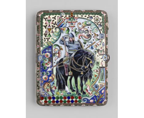 Silver-Gilt and Cloisonne Enamel Cigarette Case with a Bogatyr  MAKER'S MARK 'IZh', MOSCOW, 1908–191711.5 by 8 cm.Rectangular