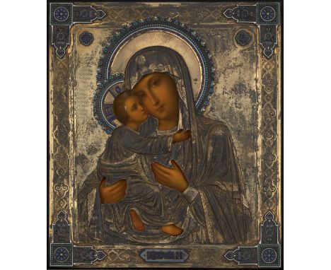 The Mother of God of Vladimir with Silver-Gilt and Enamel Oklad  OIL ON PANEL, OKLAD STAMPED WITH MAKER’S MARK OF ANTIP KUZMI