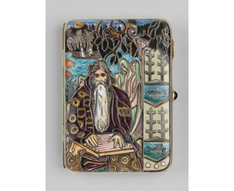 A Silver-Gilt and Cloisonne Enamel Cigarette Case with a Gusli Player  MOSCOW, 1908–1917, 84 STANDARD11 by 7.5 cm.Rectangular