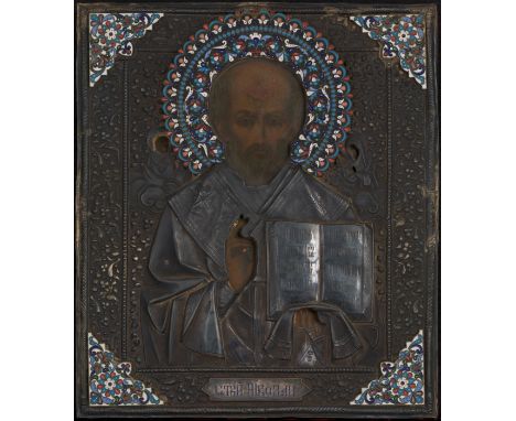 St Nicholas the Comforter with Silver and Enamel Oklad  OIL ON PANEL, OKLAD STAMPED WITH MAKER’S MARK OF “NT” IN CYRILLIC, MO