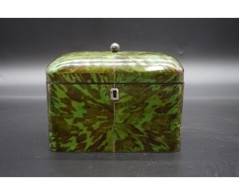 A good Regency&nbsp;green tortoiseshell tea caddy, with white metal mounts, 13.5cm high x 17.5cm wide.&nbsp; 