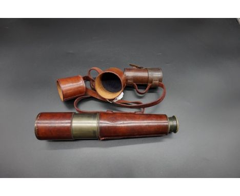 A leather clad three drawer telescope, stamped 'Reconditioned for John Barker &amp; Co Ltd' by Broadhurst Clarkson &amp; Co, 