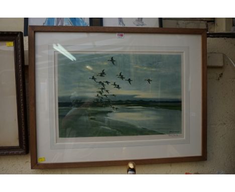After Peter Scott,&nbsp;'Geese in Flight', signed in pencil and blindstamped, colour print, I.35 x 53cm. 