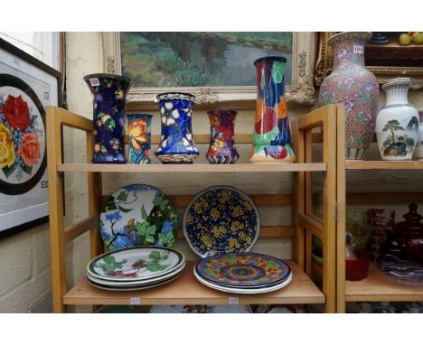 Five Art Deco pottery vases,&nbsp;to include a Carltonware example, 26cm high; a Losol ware example, 31cm high, (cracked); to