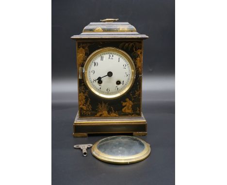 An early 20th century chinoiserie mantel clock,&nbsp;28cm high, (lacking pendulum and a.f). 