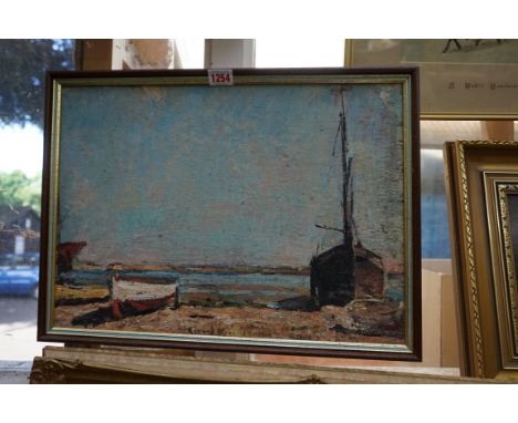 Edward R King, 'Langstone Harbour', inscribed verso 'Painted whilst in St James', oil on board, 31.5 x 44cm. St James is a me
