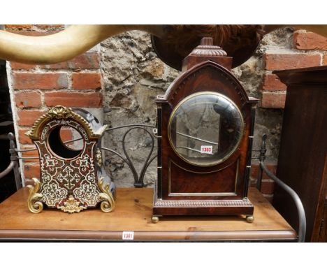 Two 19th century mantel clock cases, comprising: a Regency mahogany example, 53cm high, (a.f.); and a 19th century Boulle man