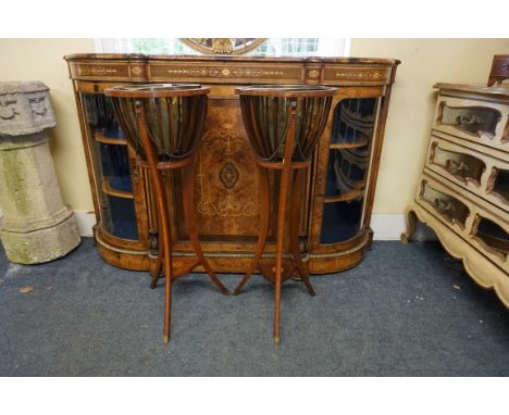A pair of late Victorian mahogany, satinwood and line inlaid tripod jardinieres,&nbsp;with brass liners, 93cm high.&nbsp; 