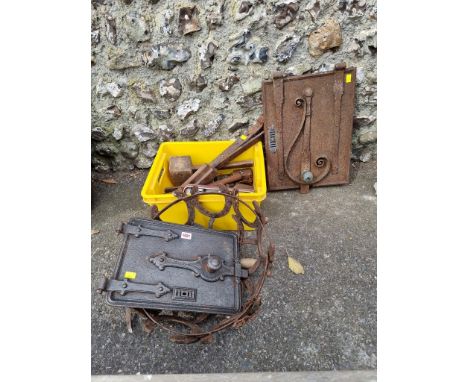 A quantity of old tools;&nbsp;together with two old iron door locks and a horse shoe light fitting. 