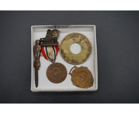 A mixed lot,&nbsp;to include a miner's brass lamp check, 'Cambrian Colliery, No. 3 Pit', 5.5cm diameter; a Soroptimist Intern