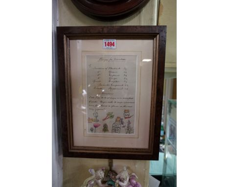 A manuscript 'Recipe for Diarrhoea', 20 x 12.5cm.&nbsp; 