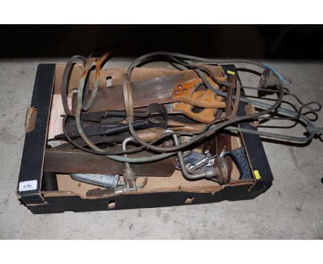 A box of miscellaneous vintage tools, three oil lamp holders etc.