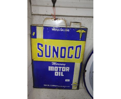 An enamel advertising sign in the shape of a fuel can for "Sunoco Mercury Motor Oil", approx. 24" x 16" overall