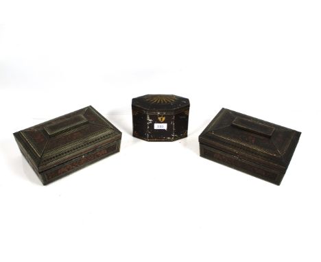 Two Huntley &amp; Palmer biscuit tins in the form of Indian boxes and a biscuit tin in the form of a tea caddy