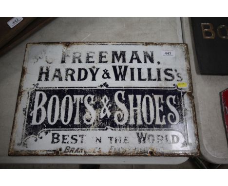 A vintage enamel sign "Freeman, Hardy & Willis Boots and Shoes", approx. 12" x 18"