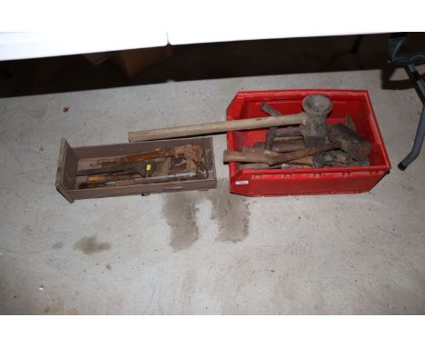 Two boxes of miscellaneous hand tools including hammers and mallets 