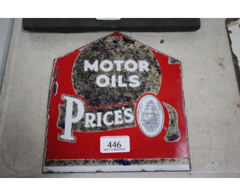 An enamel "Prices Motor Oils" sign, approx. 8&frac12;" x 7&frac12;" in extremes