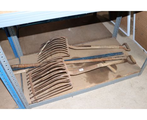 Various beet forks, long handled tools etc.