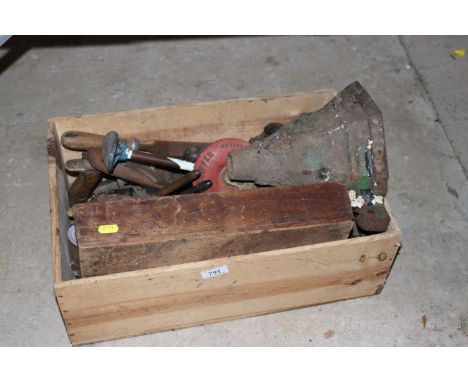 A box of various tools, a cast iron hopper etc.