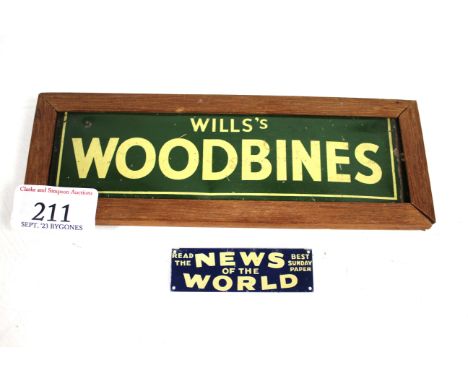 A "Wills Woodbines Model Railway" enamel advertising sign in frame approx. 7&frac14;" x 2&frac12;" overall and another for "N