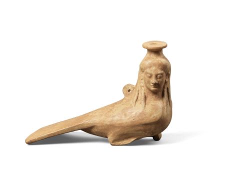  A Greek terracotta Siren balsamarium Circa 6th century B.C.Seated with her head turned at right-angles to the body, with lon