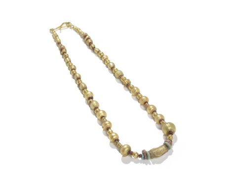  A Roman gilded glass, gold and faience bead necklace Circa 1st Century B.C. - 1st Century A.D.Formed of thirty-nine gilded g