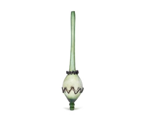 A Late Roman - early Byzantine green glass tall-necked bottle  Circa 5th-6th Century A.D.The small ovoid body with tall cyli
