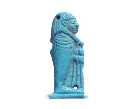  An Egyptian turquoise glazed faience amulet of Imsety  Late Period, circa 664-332 B.C.The flat-backed standing human-headed 