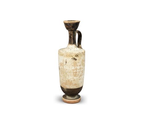  A sizeable Attic white-ground lekythos Attributed to the Inscription Painter, circa 460 B.C.The remains of finely detailed o