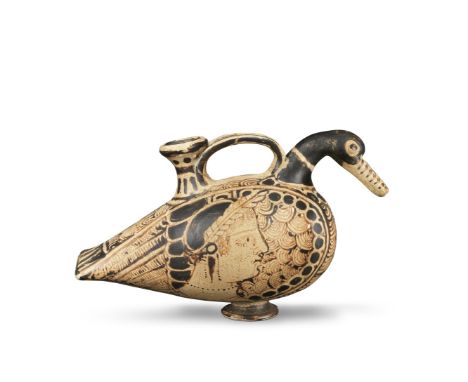  An Etruscan pottery askos in the form of a duck Attributed to the Clusium Group, 350–325 B.C.Decorated with detailed stylise