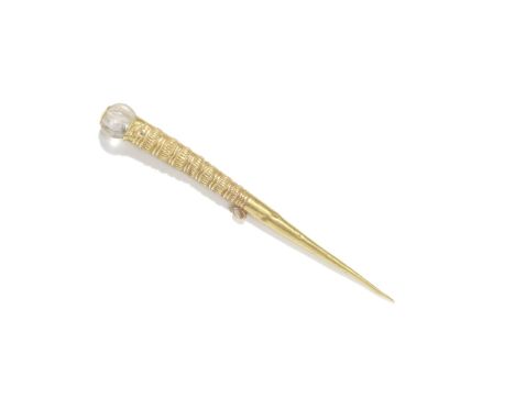  A Bronze Age gold and rock crystal toggle pin Possibly Cyprus, circa 1400-1300 B.C.The spherical rock crystal fluted bead af
