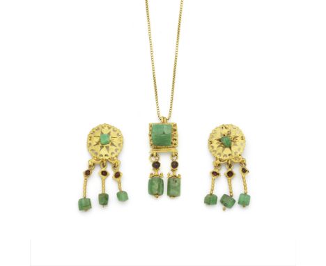  A pair of Roman gold and emerald earrings and a Roman gold and emerald pendant Circa 3rd-4th Century A.D.Each earring an ope