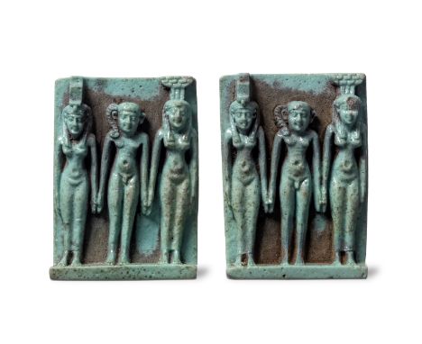  Two Egyptian blue gazed faience amuletic plaques of the Osirian triad 26th Dynasty, circa 664-525 B.C.From the same workshop