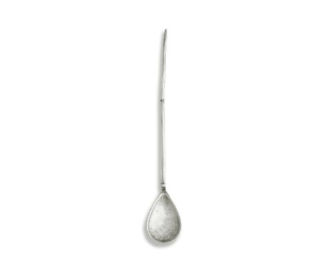  A Roman silver spoon Circa 4th Century A.DThe pear-shaped scoop, with a thickened arch with a projecting spur above, decorat