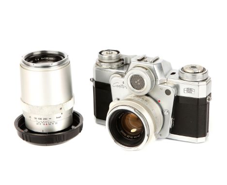 A Zeiss Ikon Contarex Bullseye SLR Camera, 1959-66, chrome, serial no. T94782, with Carl Zeiss Planar f/2 50mm lens, chrome, 