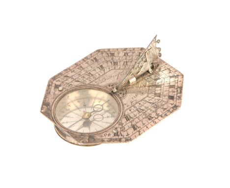 A Rare Five-scale Silver Pocket Sundial by Michael Butterfield, c.1690, French, finely engraved octagonal dial plate with fol