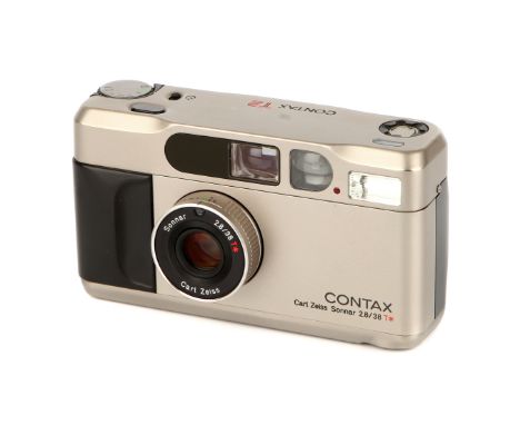 A Contax T2 Compact Camera, titanium, serial no. 034271, with Carl Zeiss Sonnar T* f/2.8 38mm lens, body, VG, shutter working