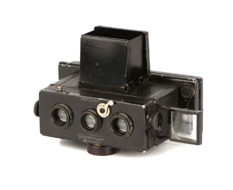 A Voigtlander Stereflektoskop 45x107mm Stereo Camera, 1904, black, with Voigtlander Heliar f/4.5 62mm lenses, serial nos. 154