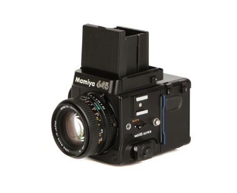 A Mamiya M645 Super Camera, black, serial no. FE21095, with Mamiya-Sekor C N f/2.8 80mm lens, black, serial no. 149949, body,