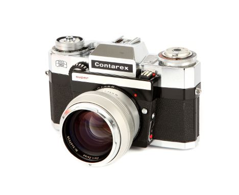 A Zeiss Ikon Contarex Super SLR Camera, 1968-72, chrome, serial no. G37883, with Carl Zeiss Planar f/1.4 55mm lens, chrome, s