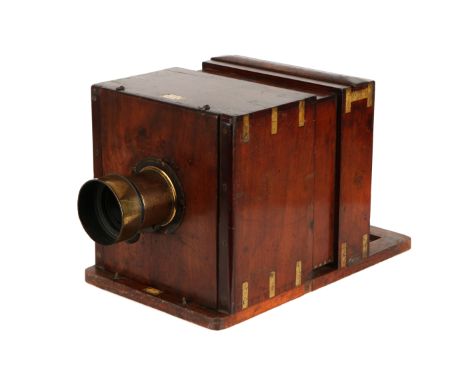 A T. Ottewill & Co. Sliding Box 8x8" Wet Plate Camera, 1851, brass bound French polished mahogany body with screwed dovetail 