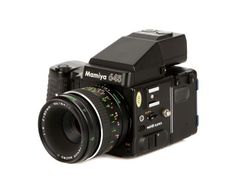 A Mamiya M645 Super Camera, black, serial no. 209542, with Mamiya-Sekor Macro C f/4 80mm lens, black, serial no. 18417, body,