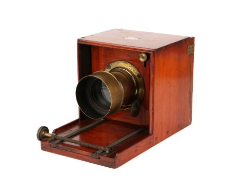 A J. H. Dallmeyer Sliding Box 6x6" Wet Plate Mahogany Camera, 1864/65, with an A. Ross Waterhouse stop brass lens, serial no.