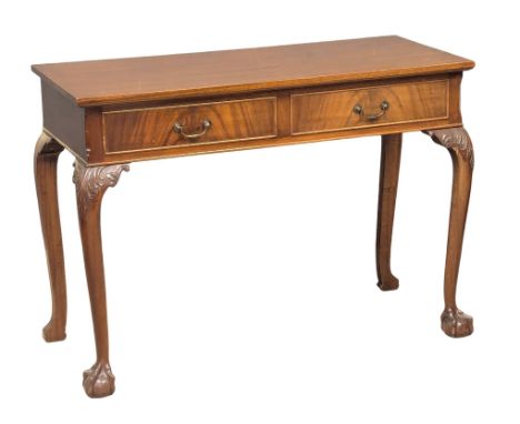 A Chippendale style mahogany side table with 2 drawers on Ball &amp; Claw feet. 107x45x26cm. 9 