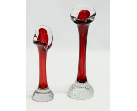 2 Swedish ruby glass vases with controlled bubble bases. By Aseda. 21cm 