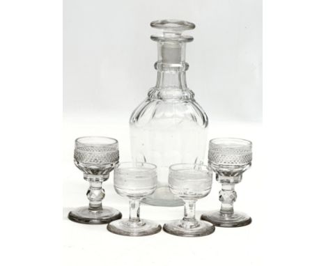 19th Century drinking glasses and decanter. A Late 19th Century slice cut, 2 ring decanter 18.5cm. 4 Late 19th Century sherry