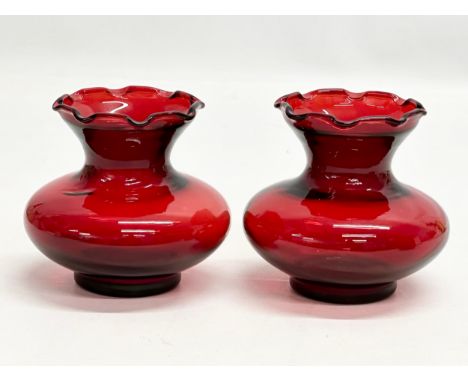 A pair of Mid 20th Century ruby glass vases by Anchor Hocking. 10x9.5cm 